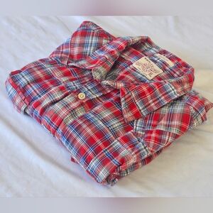 Lucky Brand Short Sleeve Button Up Classic Fit Shirt Men's XL Plaid Red Blue